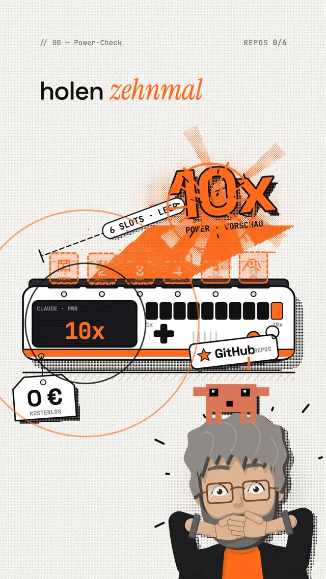 Szene aus dem Reel: Eine Konsole mit sechs leeren Slots zeigt „10x“ und „0 €“, darunter staunt der Mentor mit dem Pixel-Wesen auf dem Kopf.