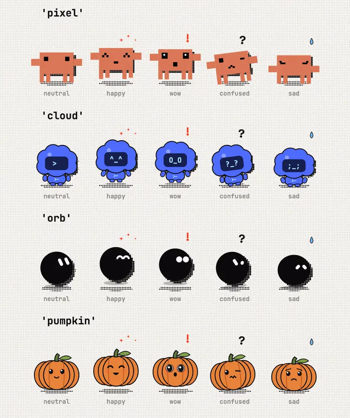 Overview of the mascots: orange pixel critter, blue terminal cloud, black orb and pumpkin, each neutral, happy, amazed, confused and sad.