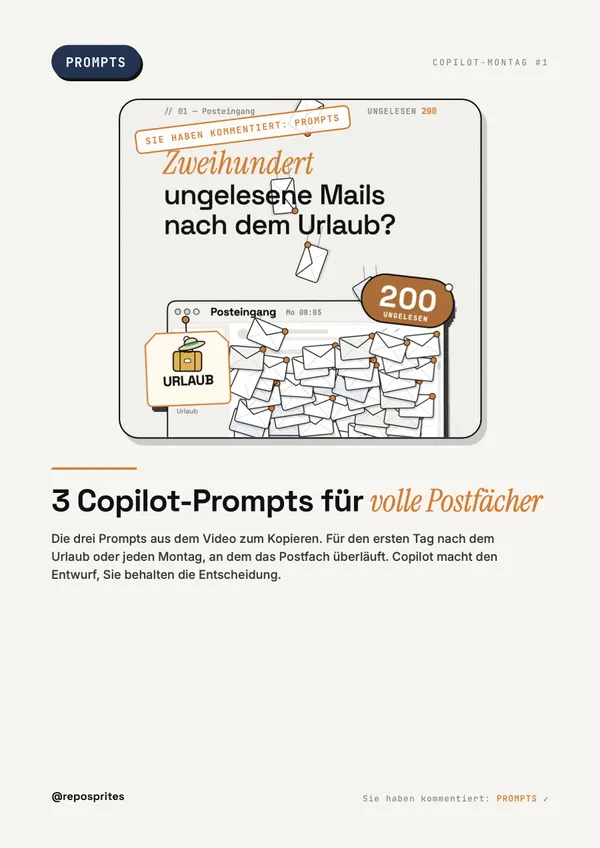 PDF cover: 3 Copilot prompts for a full inbox, with the inbox from the video.