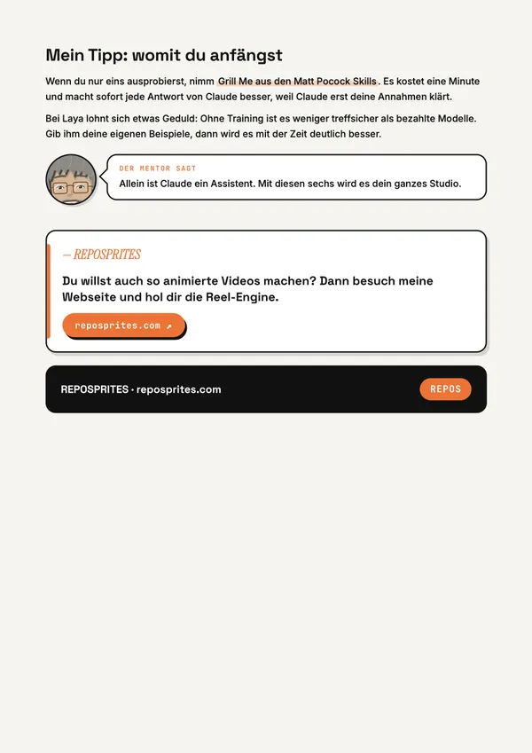 Letzte PDF-Seite: Tipp für den Einstieg und eine Abschlusskarte mit eigenem Schlusssatz und Link-Button zu reposprites.com.