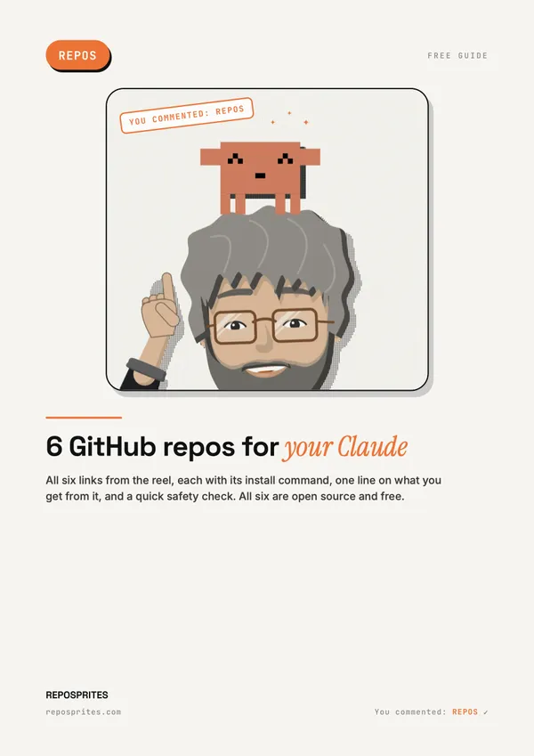 PDF cover: the Mentor with the pixel critter on his head, title: 6 GitHub repos for your Claude.