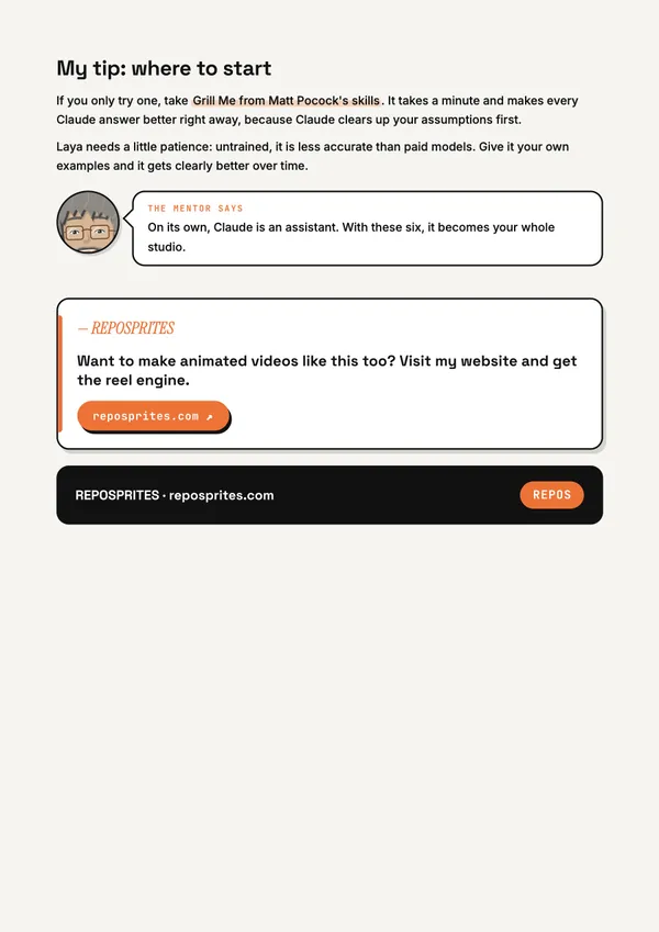 Last PDF page with the tip for getting started and a closing card linking to reposprites.com.