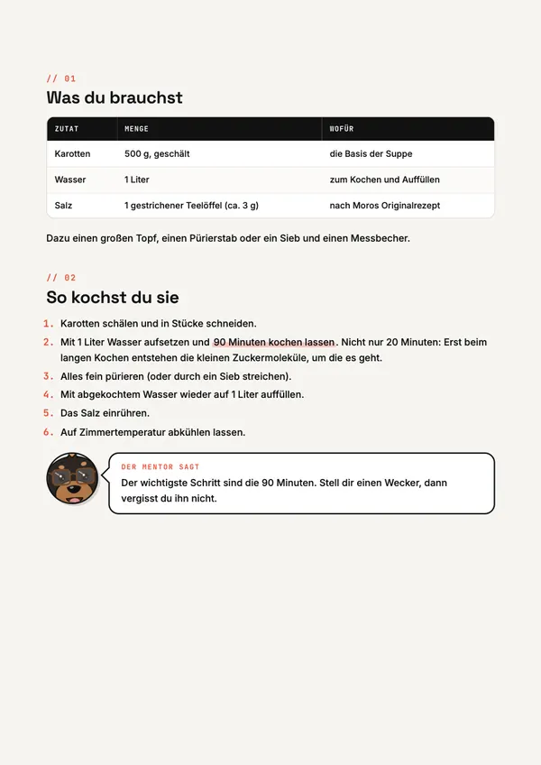 PDF page with an ingredients table and step-by-step instructions.