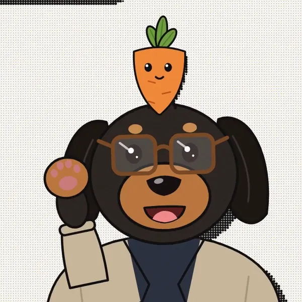A dachshund with glasses and a beige overshirt as the speaker, a carrot with a face sits on its head.
