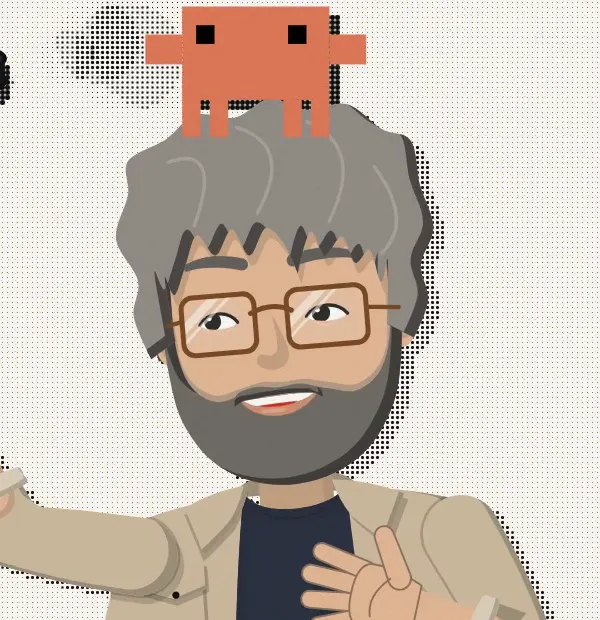 The Mentor: a cartoon teacher with grey curly hair, a full beard and horn-rim glasses, an orange pixel critter sits on his head.