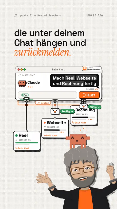 Szene aus dem Reel: Im Haupt-Chat steht „Mach Reel, Webseite und Rechnung fertig“, darunter hängen drei Sessions, zwei melden „fertig“ zurück.