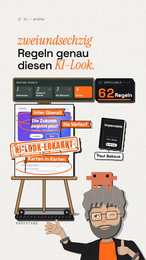 Szene aus dem Reel: Die KI-Seite ist markiert mit „Inter überall“, „lila Verlauf“ und „Karten in Karten“, ein Stempel „KI-Look erkannt“, daneben „Impeccable · 62 Regeln“.