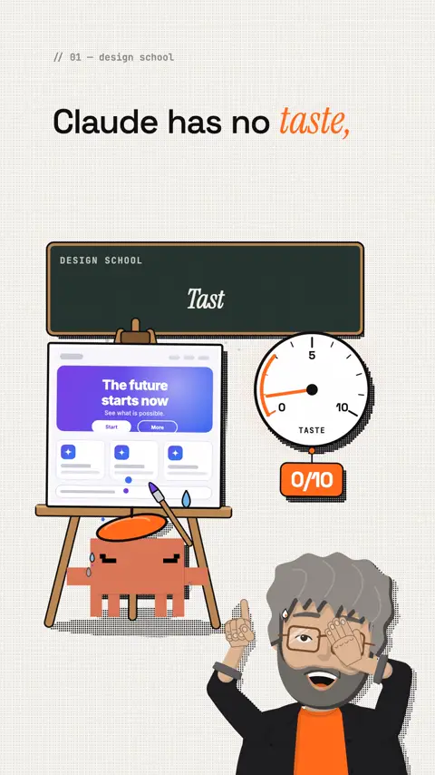 Scene from the reel: a "Design school" chalkboard, below it on an easel a typical AI page with a purple gradient and three identical cards, a "Taste" meter reads 0/10.