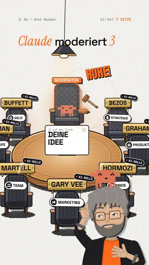 Szene aus dem Reel: Claude sitzt auf dem Moderatorsessel mit Hammer und ruft „Ruhe!“, rundherum Sitze mit Schildern wie Buffett (Geld), Bezos (Strategie), Graham (Produkt), Hormozi (Preis), Gary Vee (Marketing) und Martell (Team), auf dem Tisch „Deine Idee“.