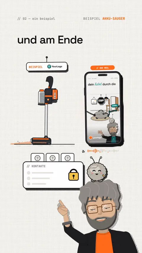 Szene aus dem Reel: links ein Akku-Sauger mit dem Schild „Beispiel YourLogo“, rechts ein Smartphone mit dem fertigen Reel, darunter eine gesperrte Karte „Kontakte“, der Mentor zeigt nach oben.