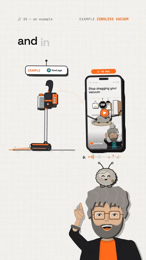 Scene from the reel: on the left a cordless vacuum with an "Example YourLogo" sign, on the right a phone playing the finished reel "Stop dragging your vacuum", the mentor points up.